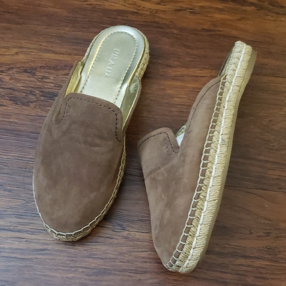 Prada Brown Suede Women's Loafers Mule Espadrille Size 39.5 - Picture 3 of 9